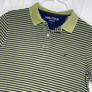 Nautica Classic Fit Striped Polo Shirt Men's Size L Olive Green Navy Blue‎